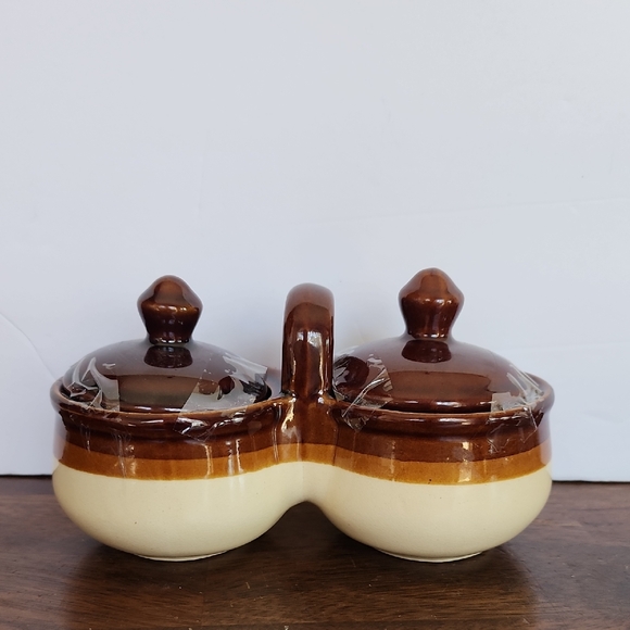 Other - Vintage Stoneware Double Condiment Crock With Lids And Handle